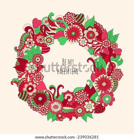 Vector illustration  with hand drawn colorful fantasy plants and flowers, pattern can be used for wallpaper,  stylish love card for Valentines day.