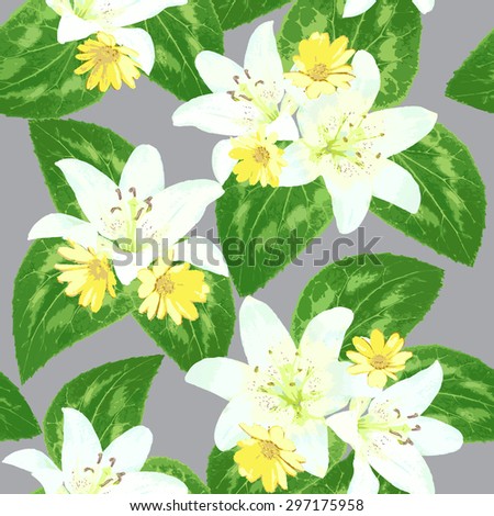 Spring or summer season watercolor nature seamless background with leaves and flowers
