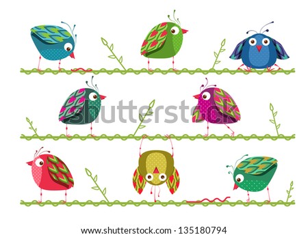Bright Graphic Cartoon Birds Composition. A collection of colorful birds. Vector illustration EPS8.