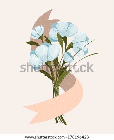 Spring Flowers Bouquet with Ribbon. A bunch of delicate flowers and ribbon. Vector illustration EPS8.