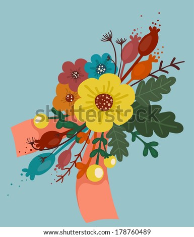 Bright Flowers Bouquet with Ribbon. A bunch of vivid flowers and berries with ribbon. Vector illustration EPS8.