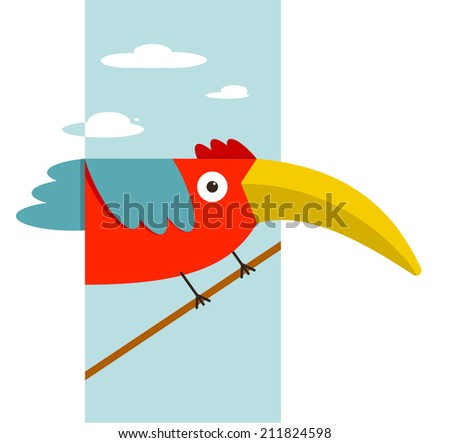 Toucan Bird with Big Beak Sitting. Colorful cartoon exotic red bird. Vector illustration EPS8