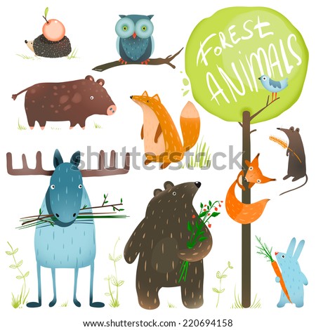 Cartoon Forest Animals Set. Brightly colored childish animals. Vector illustration EPS8.