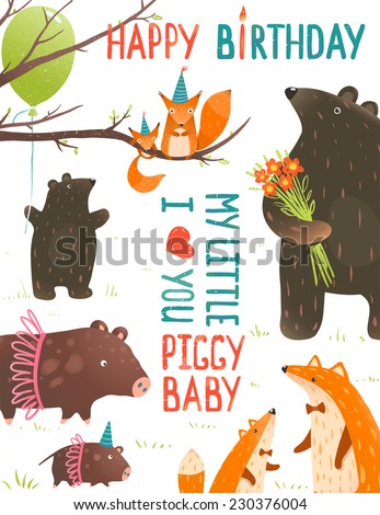Birthday Card with Forest Animals Mothers and Babies. Animal cute children and parents birthday congratulations. Raster variant.
