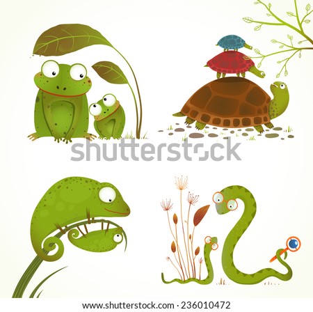 Cartoon Reptile Animals Parent with Baby Collection. Brightly colored childish frogs turtles snakes lizards. Vector illustration.