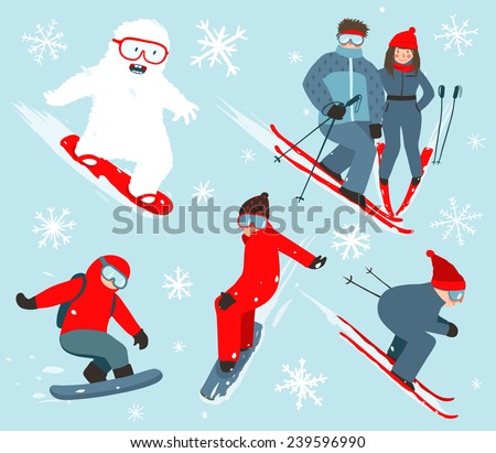 Skier and Snowboarder Winter Sport Illustration Collection. Snowboarding and skiing winter fun sport vector illustration with snowflakes.
