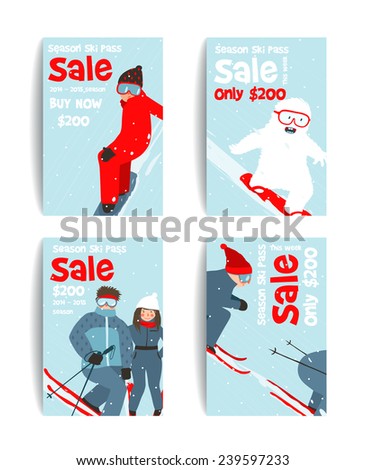 Skier and Snowboarder Fun Winter Sport Flyer Design Template. Snowboarding and skiing ski pass or sale flyer. Vector illustration.