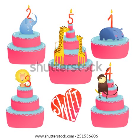 Happy Birthday Cakes Collection with Animals and Lettering. Colorful sweeties with holiday childish candles. Vector illustration EPS10.