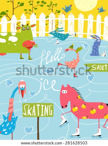 Colorful Fun Cartoon Farm Ice Skating Animals for Kids. Countryside amusing skating baby animals illustration for children. Vector EPS10.