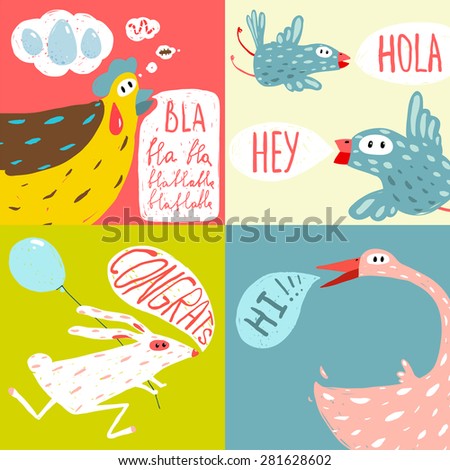 Colorful Fun Cartoon Domestic Animals Greeting Cards. Amusing vivid baby animals illustrations for children. Vector EPS10.