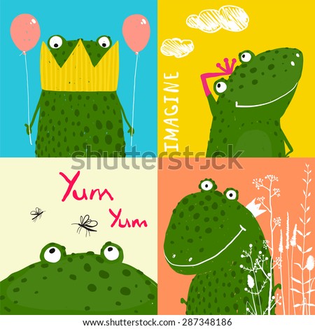 Colorful Fun Cartoon Frogs Animals Greeting Cards for Kids. Amusing vivid baby animals illustrations for children.