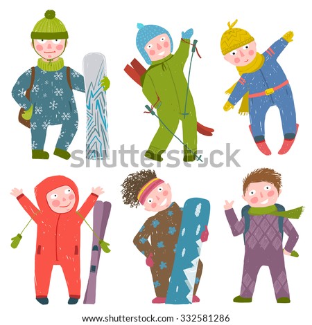 Skier Snowboarder Winter Clothes Sport Kids Collection. Snowboarding and skiing winter season fun sport vector illustration.