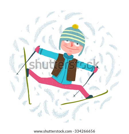 Funny Colorful Skier Exercising in Winter Clothes Cartoon. Cool and fun skiing winter sport. Childish style. Vector illustration.