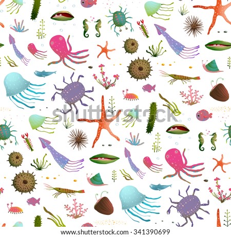 Colorful Kids Cartoon Sea Life Seamless Pattern Background on White. Childish underwater animals cute backdrop tileable design illustration. Vector EPS10 has no backdrop color.