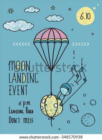 Sky Planets Stars Cosmonaut Moon Flight Line Art Poster or Invitation Design. Cosmic theme placard outline black lines, hand drawn sketchy flat party event invitation card. Raster variant.