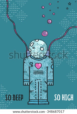Outer Space Astronaut in Love Line Art Romantic Illustration with Lettering. Cosmic love theme print flat in black lines design. So deep so high slogan sign. Raster variant.