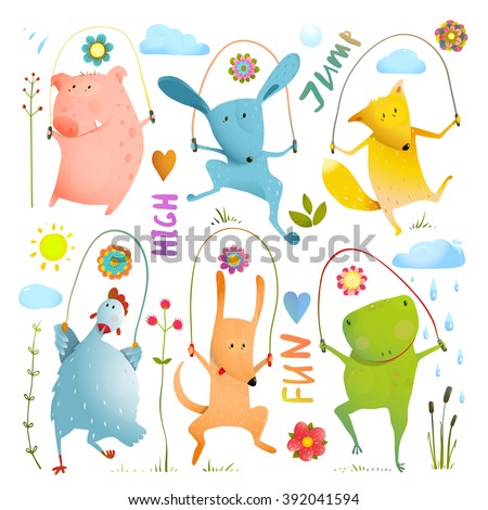Animal Set Jumping Rope Colorful Collection. Childish pets skipping watercolor style. Dog and frog, rabbit and pig, hen and fox, cartoon vector illustration.