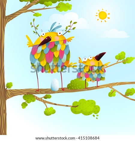 Funny bird on tree family mother and nestling egg kid in nature. Colorful bird family mother and child greeting card. Bird parent funny love child wild nature design. Vector illustration.