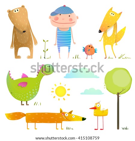 Collection cartoon animals and child for kids . Collection animal and child. Cute cartoon character bear duck fox and dragon. Vector illustration