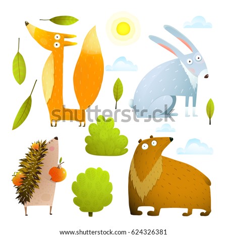 Wild baby animals clip art collection fox rabbit bear hedgehog. Set of animals with nature items, isolated on white background watercolor colorful style. Vector cartoon