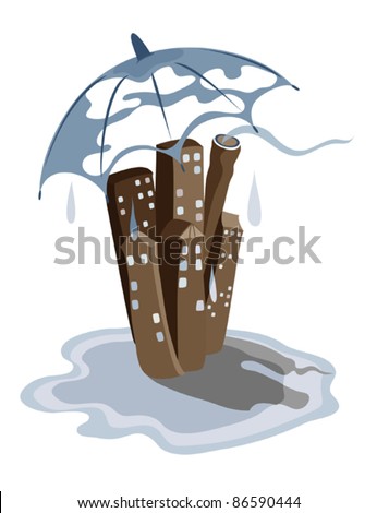 Stylized city landscape with rain and umbrella, standing in a pool