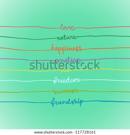 Illustration with words in stripes: love, nature, emotion, happiness, sun, freedom, summer, friendship