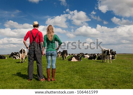 Typical Dutch landscape with farmers couple black and white cows in the meadows