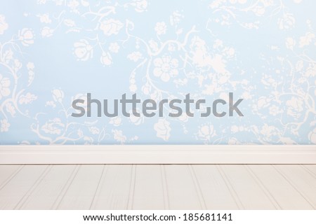 Interior blue empty room with vintage wall paper