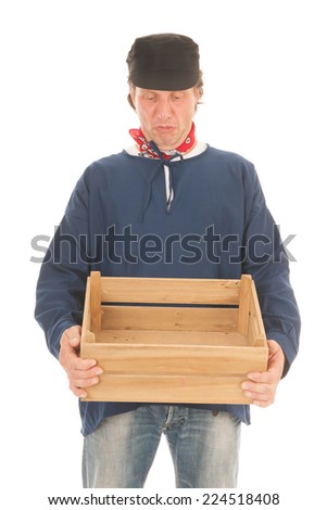 Farmer with empty wooden crate to fill isolated over white background