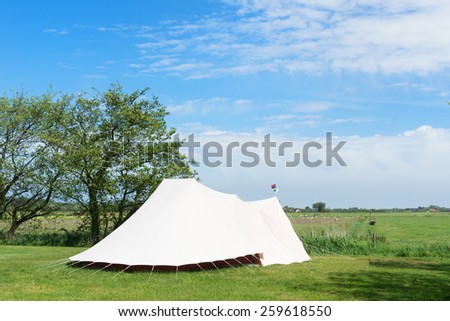 Landscape Camping with tent in meadows with sheeps