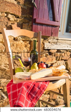 French wine and cheese outdoor in sunshine