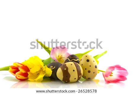 Colorful tulips and chocolate easter eggs isolated over white