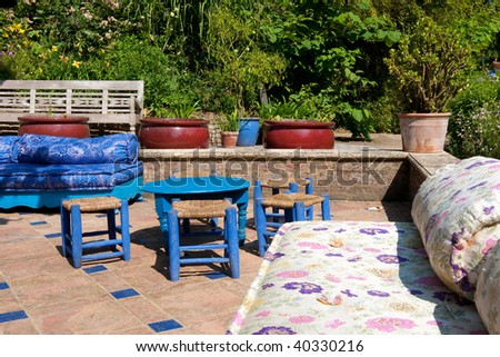 Asian tea garden with blue furniture outdoor