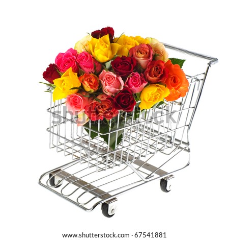shopping cart with colorful bouquet roses isolated over white