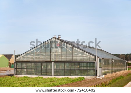 Greenhouse from glass exterior for agriculture in landscape