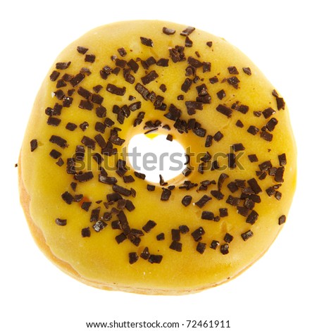 Yellow glazed donut with chocolate sprinkles on top