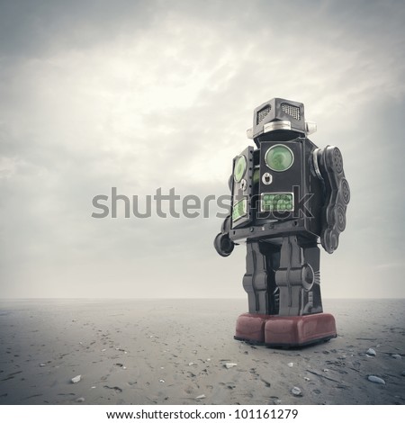 a  retro tin robot toy on an apocalyptic background