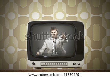 Old TV screen on vintage background. Anchorman on screen
