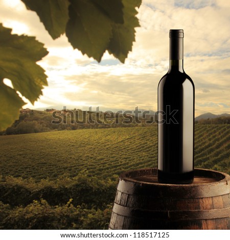 red wine bottle on wodden barrel, vineyard on background