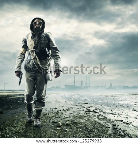 Environmental Disaster. Post Apocalyptic Survivor In Gas Mask