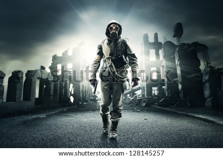 Post apocalyptic survivor in gas mask, destroyed city in the background