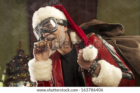 Bad Santa with gift bag smoking cigar