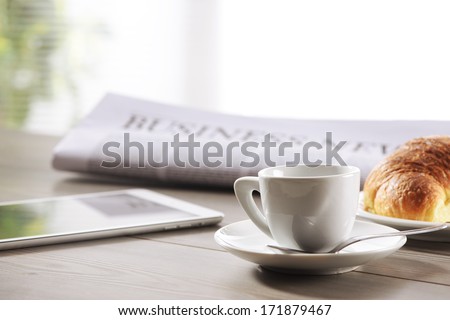 Business Office Scene, Digital Tablet And Newspaper With Coffee
