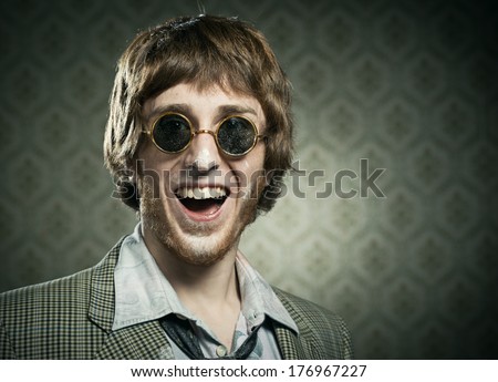 Funny 1960s Style Guy After Snorting Cocaine On Vintage Wallpaper Background.
