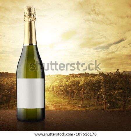 White wine bottle close up with lush natural landscape on background with vineyard.