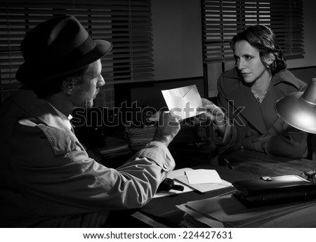 Woman handing over an envelope to a detective at police station, 1950s film noir style.