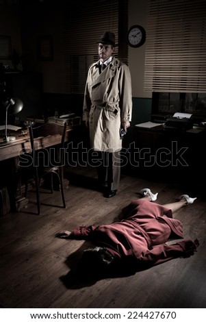 Killer with gun next to a dead woman body lying on the floor, film noir scene.