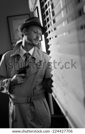 Attractive spy agent peeking from an office window, film noir.