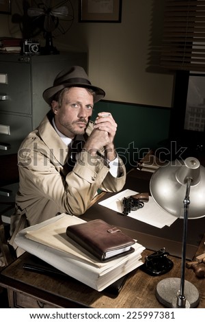 Confident detective smoking at desk in trench coat, 1950s film noir style.