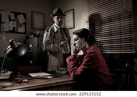 Detective interviewing a young sad woman in his office, film noir scene.